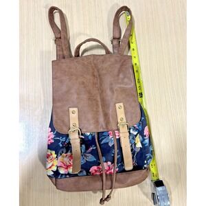 American Eagle Floral Canvas Backpack Brown Faux Leather Drawstring Boho Bag